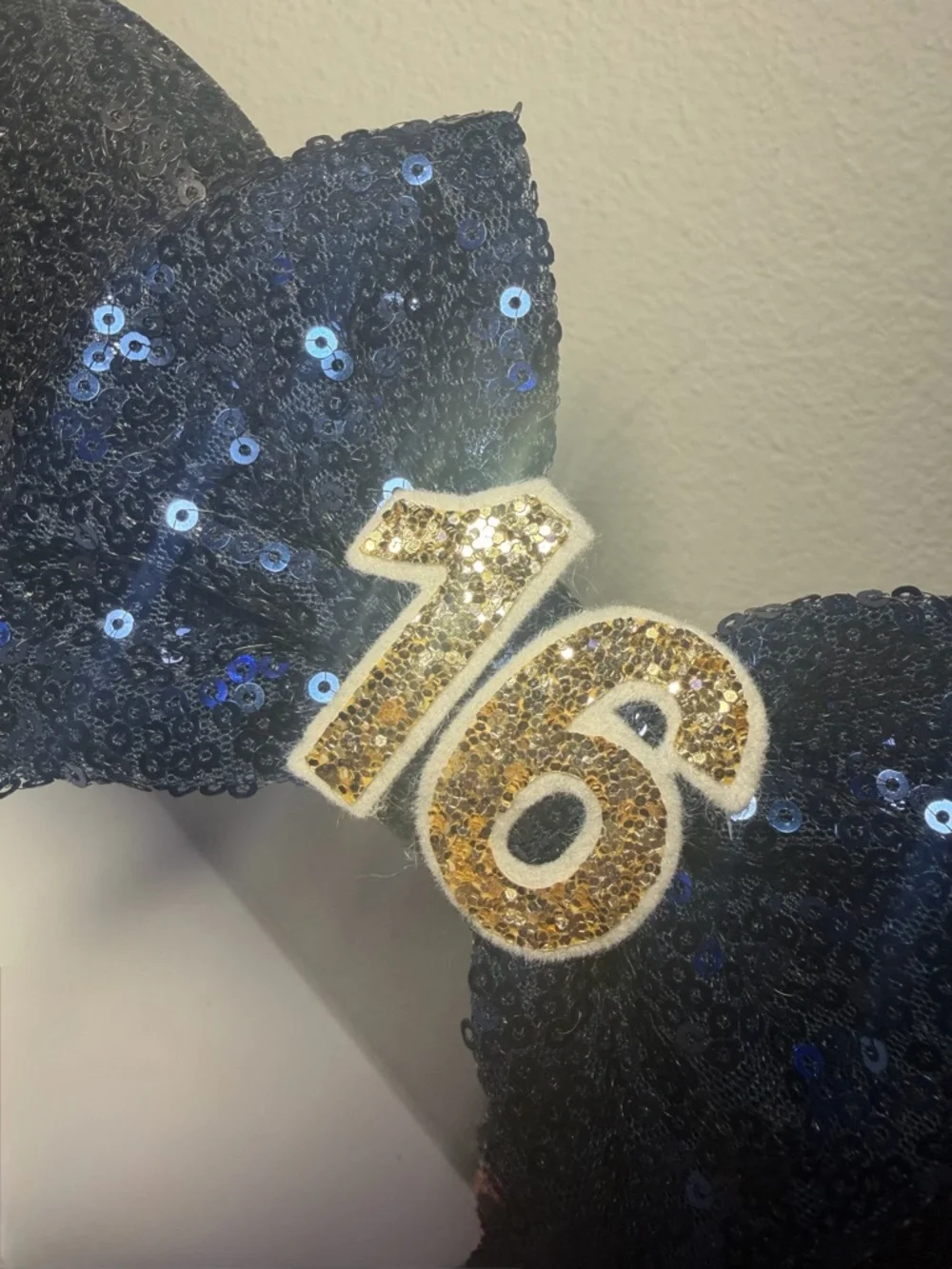 Set of 3 Sequined Black Minnie Ears Headband 1 with Navy Bow & Gold '16' Accent - Picture 8 of 10